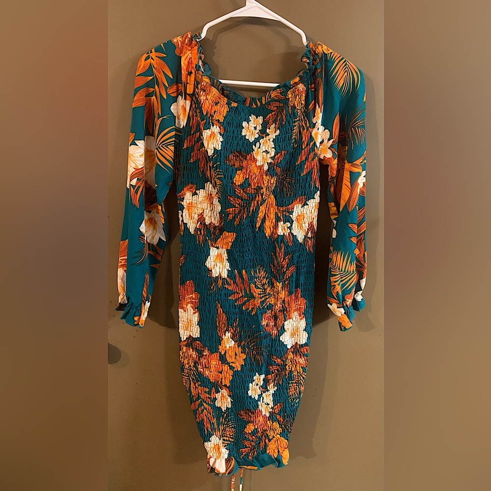 NWT PRETTYGARDEN Teal Floral Smocked Long-Sleeve Tunic Midi Dress - Picture 5 of 7